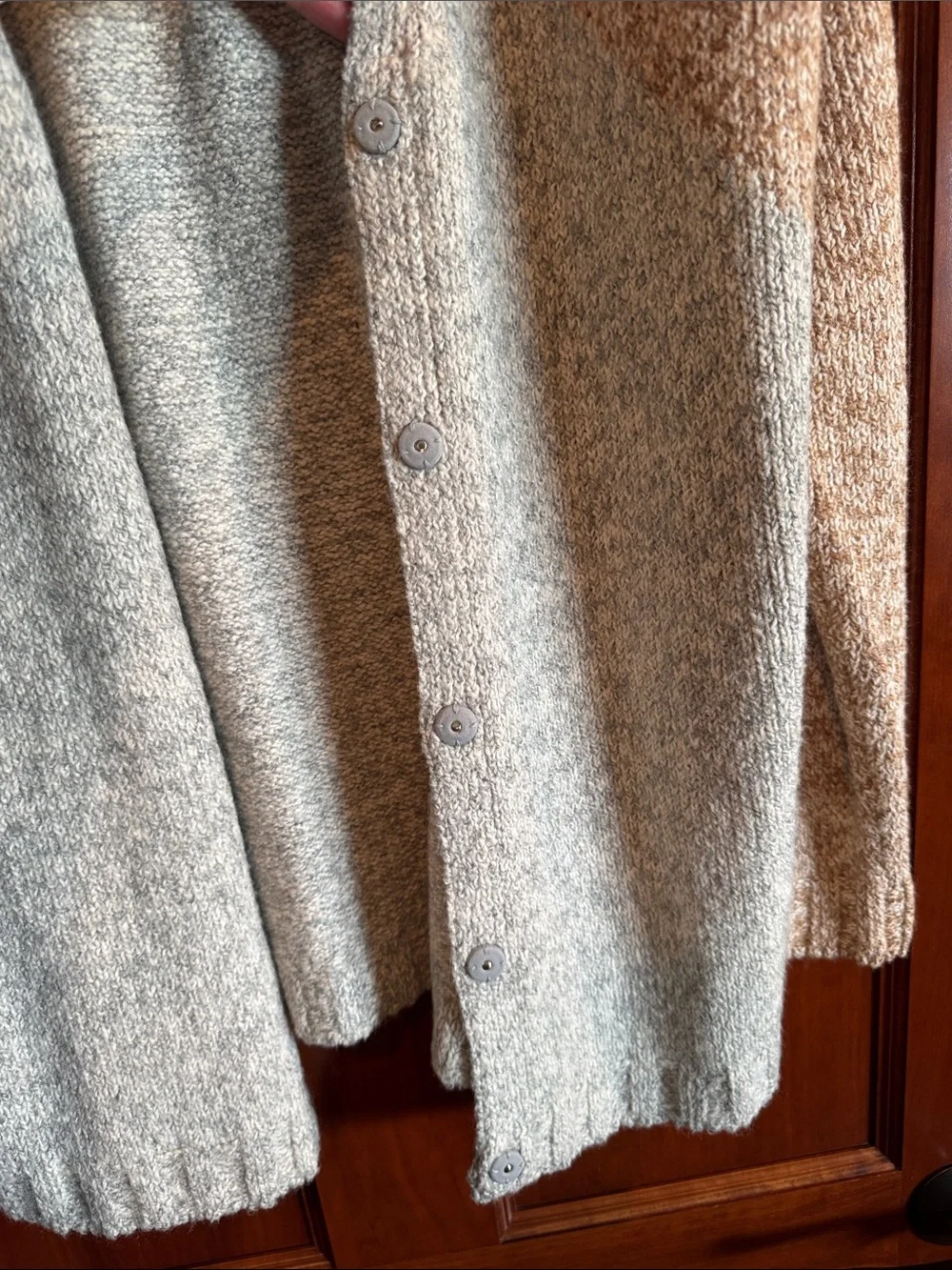 CAbi Two-Tone Open-Front Cardigan in an orangish and grey color